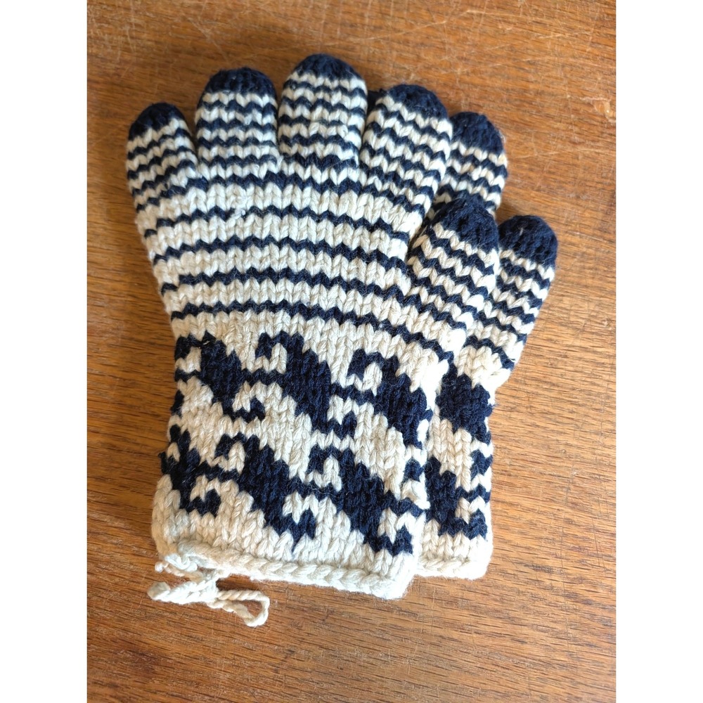 Vintage Nordic Style Knit Gloves Navy Blue Cream White Fair Isle Winter Mittens